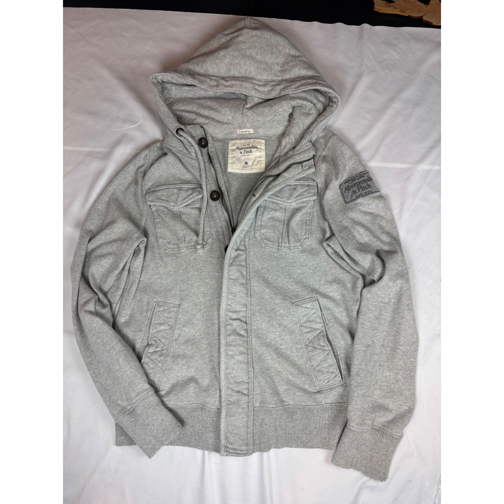 Abercrombie & Fitch Mens XL Muscle Fit Full Zip Button Hoodie Gray Utility Sweat